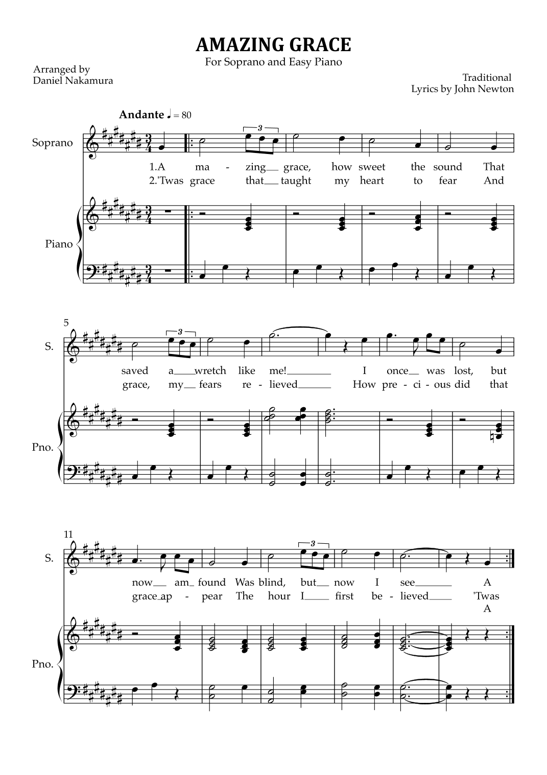 Amazing Grace (for soprano vocal with easy piano) (arr. Daniel Nakamura)