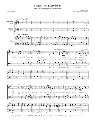 I Need Thee Every Hour (SAATTBB with Organ Accompaniment) (arr. Dean H Hamill)