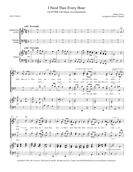 I Need Thee Every Hour (SAATTBB with Organ Accompaniment) (arr. Dean H Hamill)
