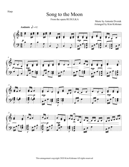 Song to the Moon from Rusulka for solo harp in C - no levers required (arr. Kim Kirkman)