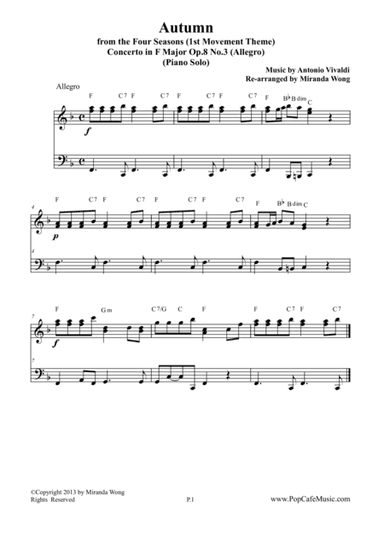 Autumn from "The Four Seasons" - Original F Key for Piano Solo (arr. Miranda Wong)
