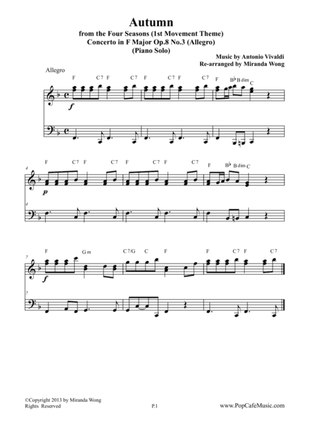 Autumn from "The Four Seasons" - Original F Key for Piano Solo (arr. Miranda Wong)