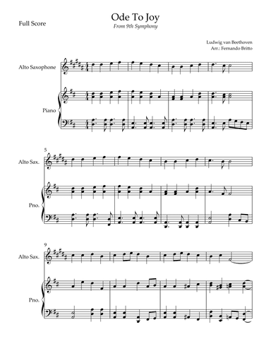 Ode To Joy Theme (from Beethoven's 9th Symphony) for Alto Saxophone Solo and Piano Accompaniment (arr. Fernando Britto)