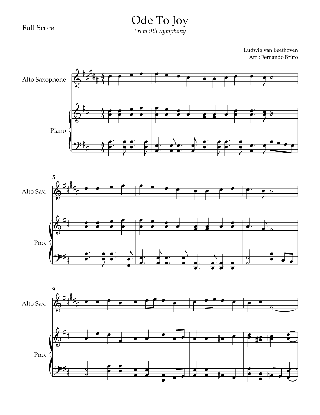 Ode To Joy Theme (from Beethoven's 9th Symphony) for Alto Saxophone Solo and Piano Accompaniment (arr. Fernando Britto)