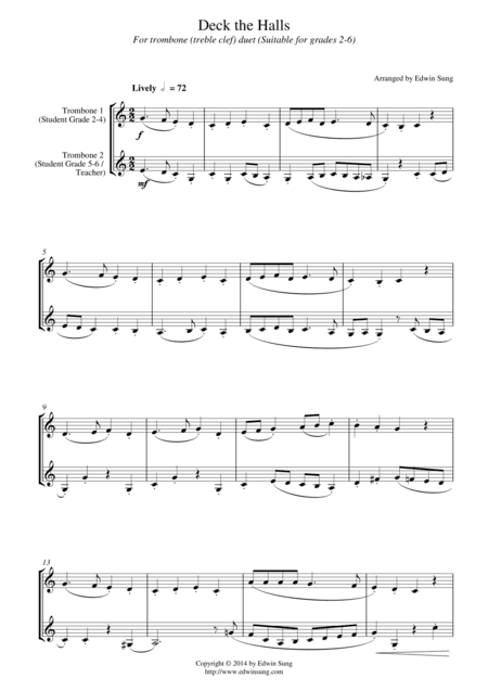 Deck the Halls (for trombone duet (treble clef), suitable for grades 2-6) (arr. Edwin Sung)