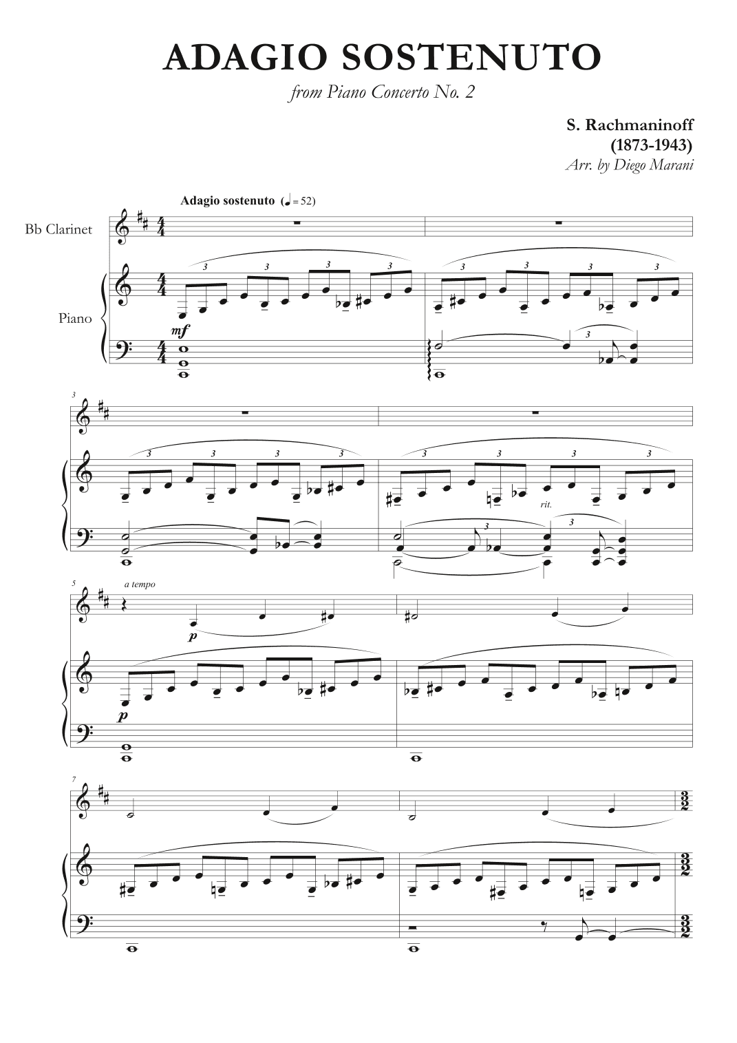 Adagio Sostenuto from "Piano Concerto No. 2" for Clarinet and Piano (arr. Diego Marani)