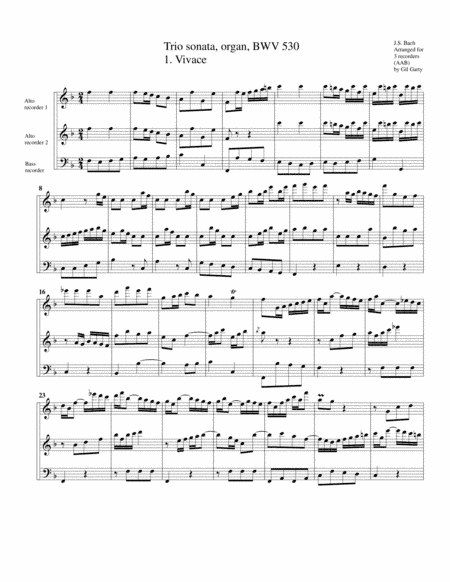 Trio sonata for organ, no.6, BWV 530 (arrangement for 3 recorders) (arr. Gil Garty)