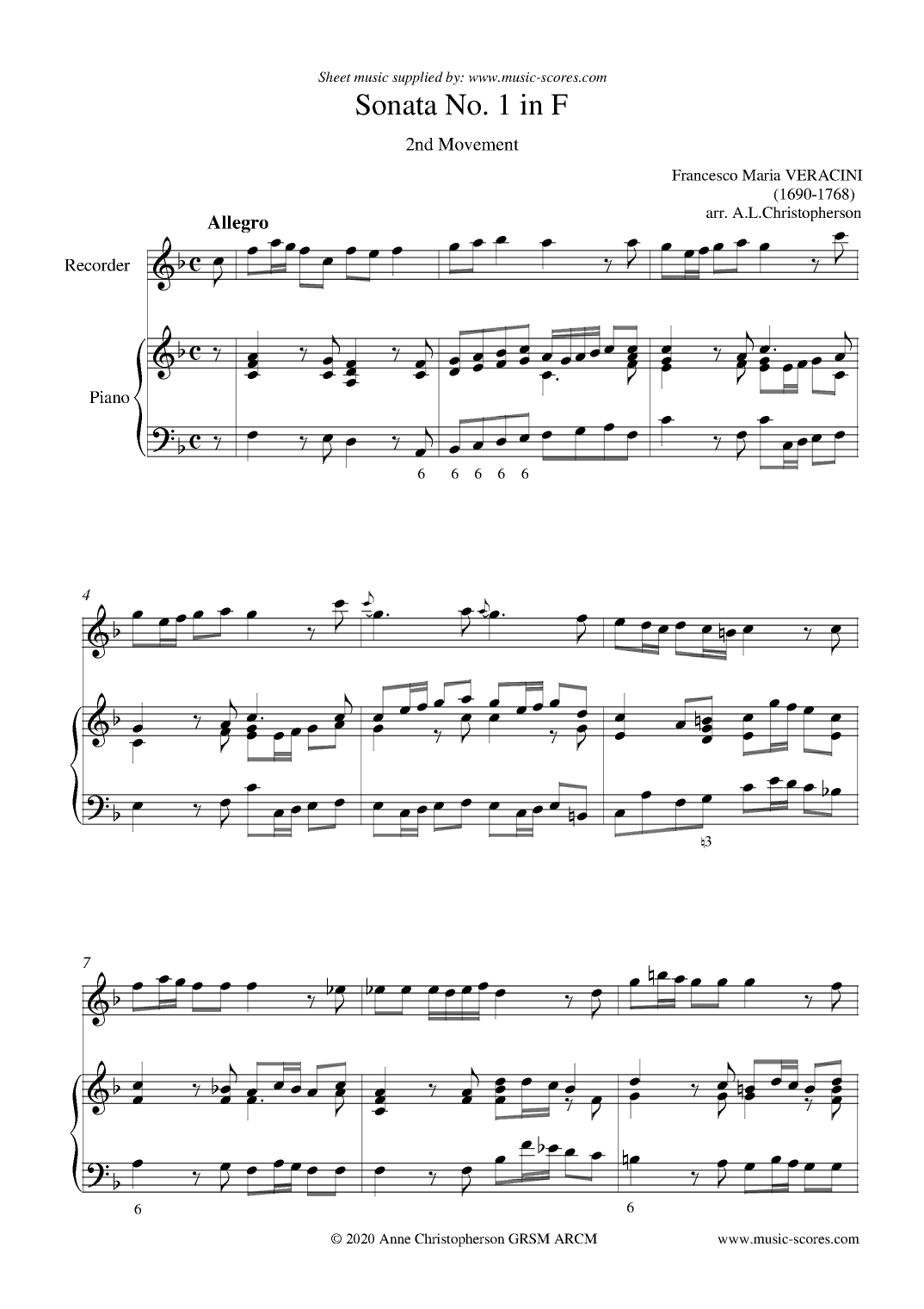 Veracini Allegro - Recorder and Piano (arr. Anne L Christopherson GRSM ARCM)