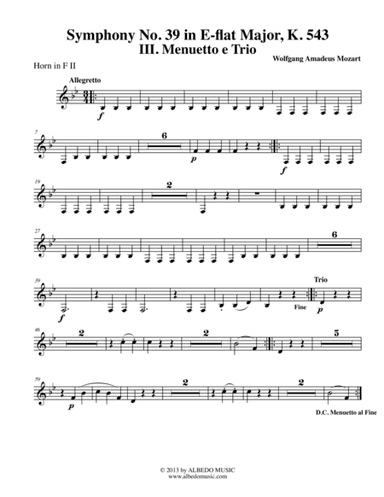 Mozart Symphony No. 39, Movement III - Horn in F 2 (Transposed Part), K. 543 (arr. Doug Clyde)
