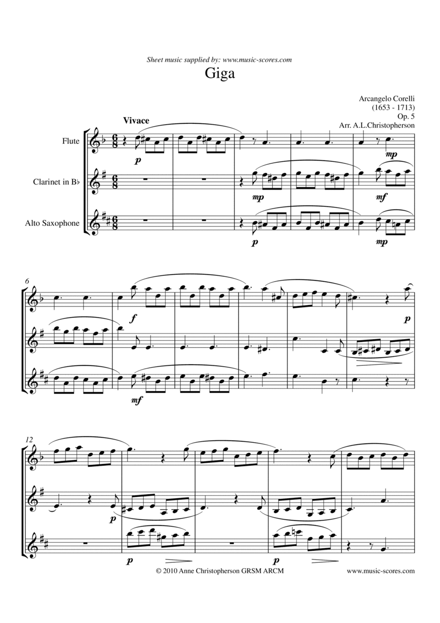 Giga from Corelli Sonata in D minor: Flute, Clarinet and Alto Sax (arr. Anne L Christopherson GRSM ARCM)