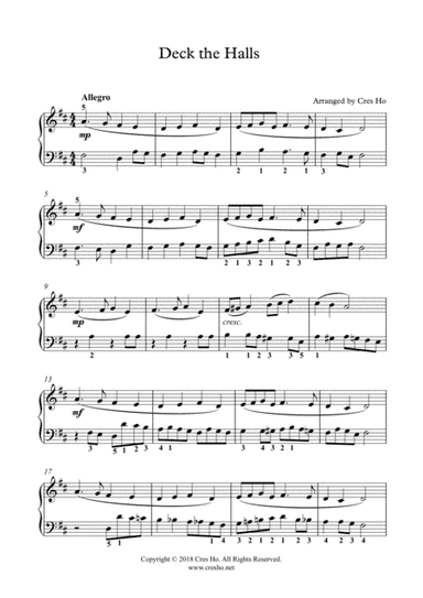 Deck The Halls - Piano (2 for the price of 1 !!), 2 keys are included (D major and Easy Key C major) (arr. Cres Ho)
