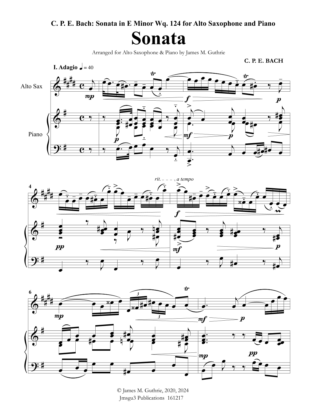 CPE BACH: Sonata in E Minor WQ124 for Alto Sax & Piano (arr. James Guthrie, ASCAP)