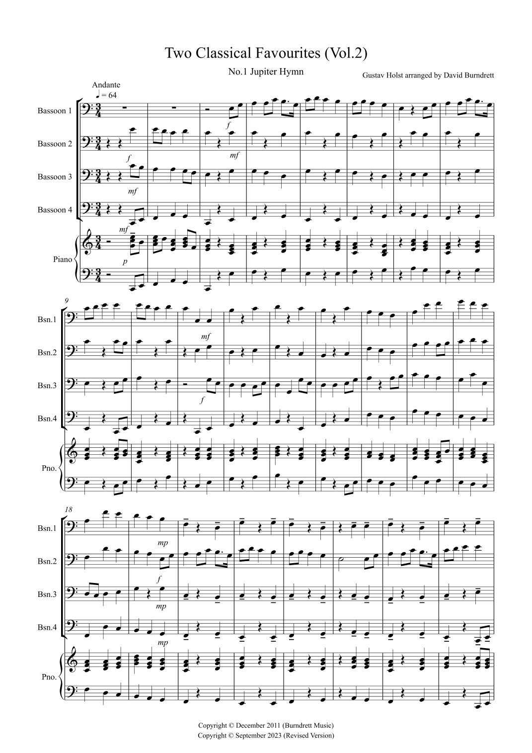 2 Classical Favourites for Bassoon Quartet (volume two) (arr. David Burndrett)