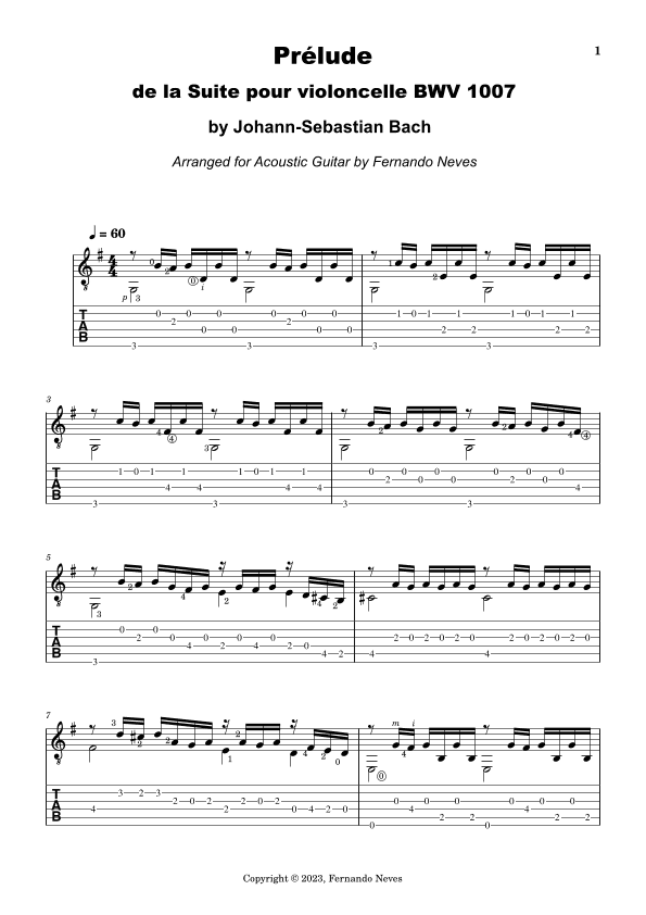 Prélude de la Suite pour violoncelle BWV 1007 (Cello Suite n. 1) Arranged for Guitar (arr. Fernando Neves)