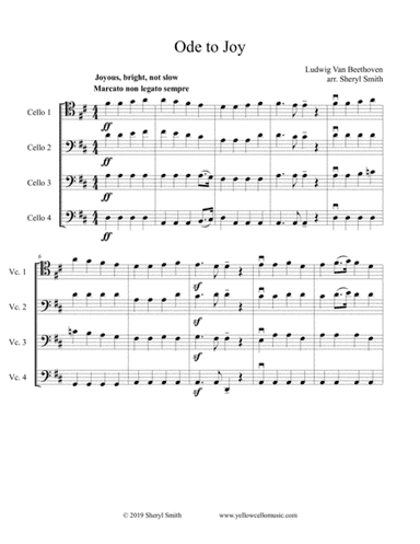 Ode to Joy, from Beethoven Symphony No. 9, arranged for intermediate cello quartet (four cellos) (arr. Yellow Cello Music)