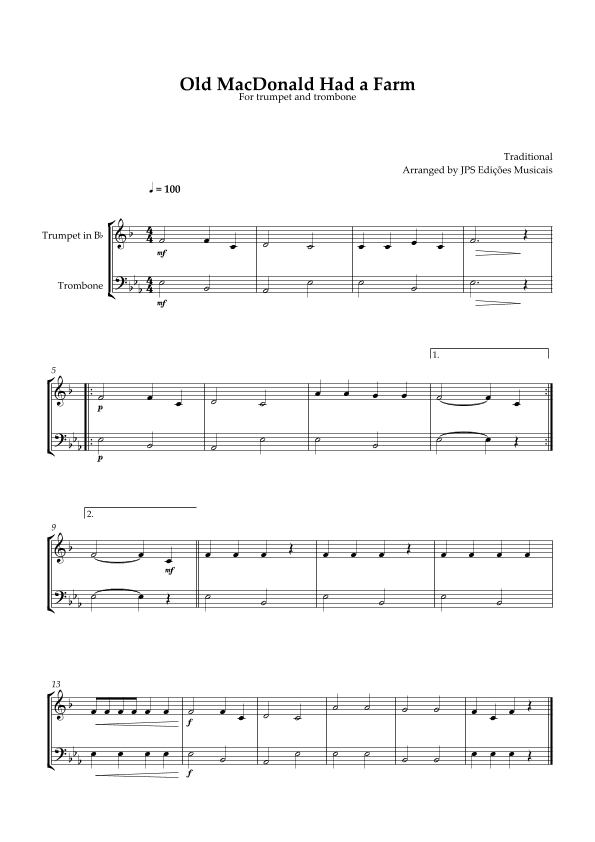 Old MacDonald Had A Farm for trumpet and trombone (arr. JPS Edições Musicais)