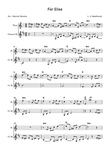Fur Elise - Beethoven Flute and Clarinet (Score and Chords) (arr. Marival Moreira)