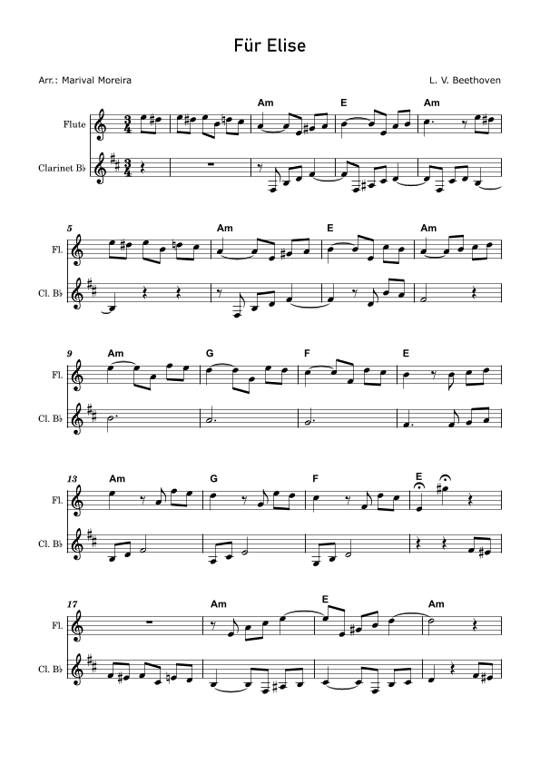 Fur Elise - Beethoven Flute and Clarinet (Score and Chords) (arr. Marival Moreira)