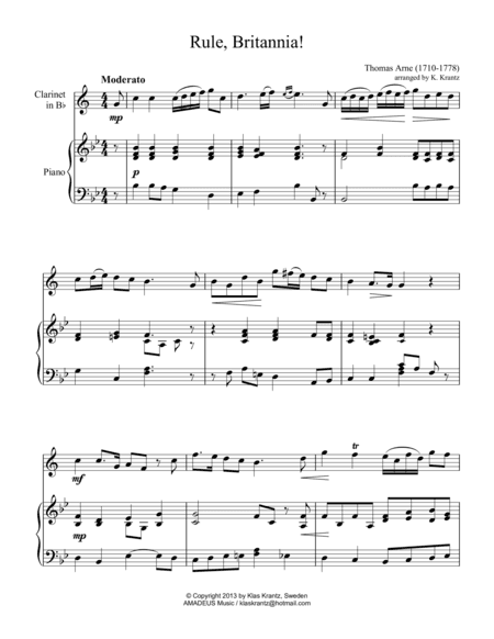 Rule, Britannia for clarinet in Bb and easy piano (arr. Klas Krantz)