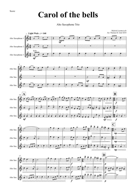 Carol of the Bells - Pentatonix style - Alto Saxophone Trio (arr. Thomas Graf)