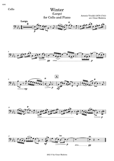 Winter by Vivaldi - Cello and Piano - II. Largo (Individual Parts) (arr. César Madeira)