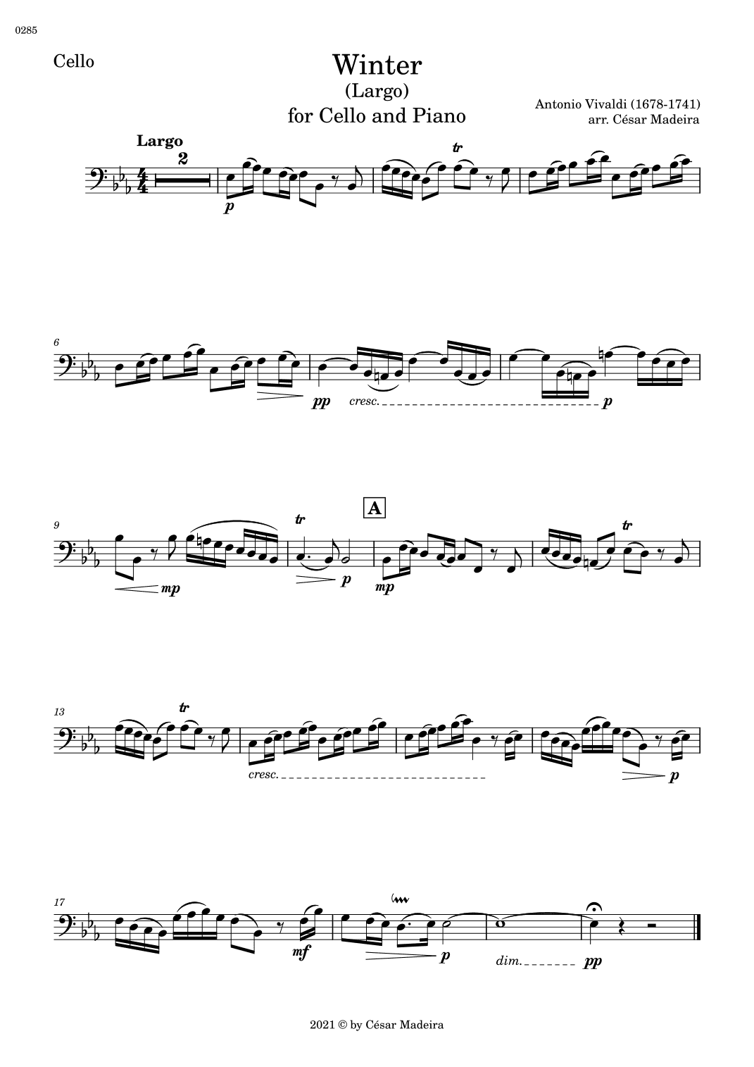 Winter by Vivaldi - Cello and Piano - II. Largo (Individual Parts) (arr. César Madeira)