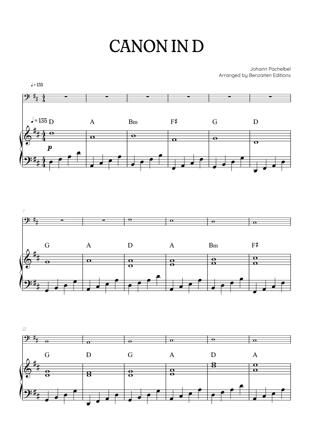 Pachelbel Canon in D • cello sheet music with piano accompaniment and chords (arr. Benzaiten Editions)