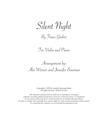 Silent Night - Violin and Piano (key of Eb) (arr. Alex Werner, Jennifer Bowman)