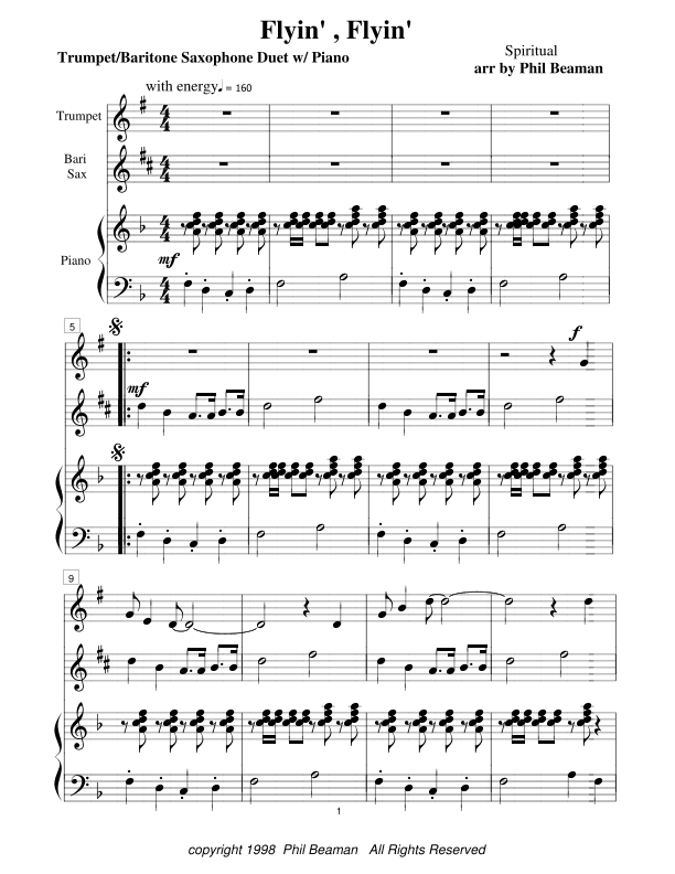 Flyin', Flyin' - trumpet/bari sax duet with piano (arr. Phil Beaman)