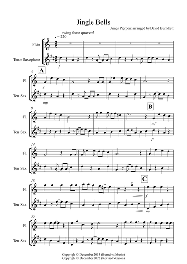 Jingle Bells (Jazzy Style!) for Flute and Tenor Saxophone Duet (arr. David Burndrett)