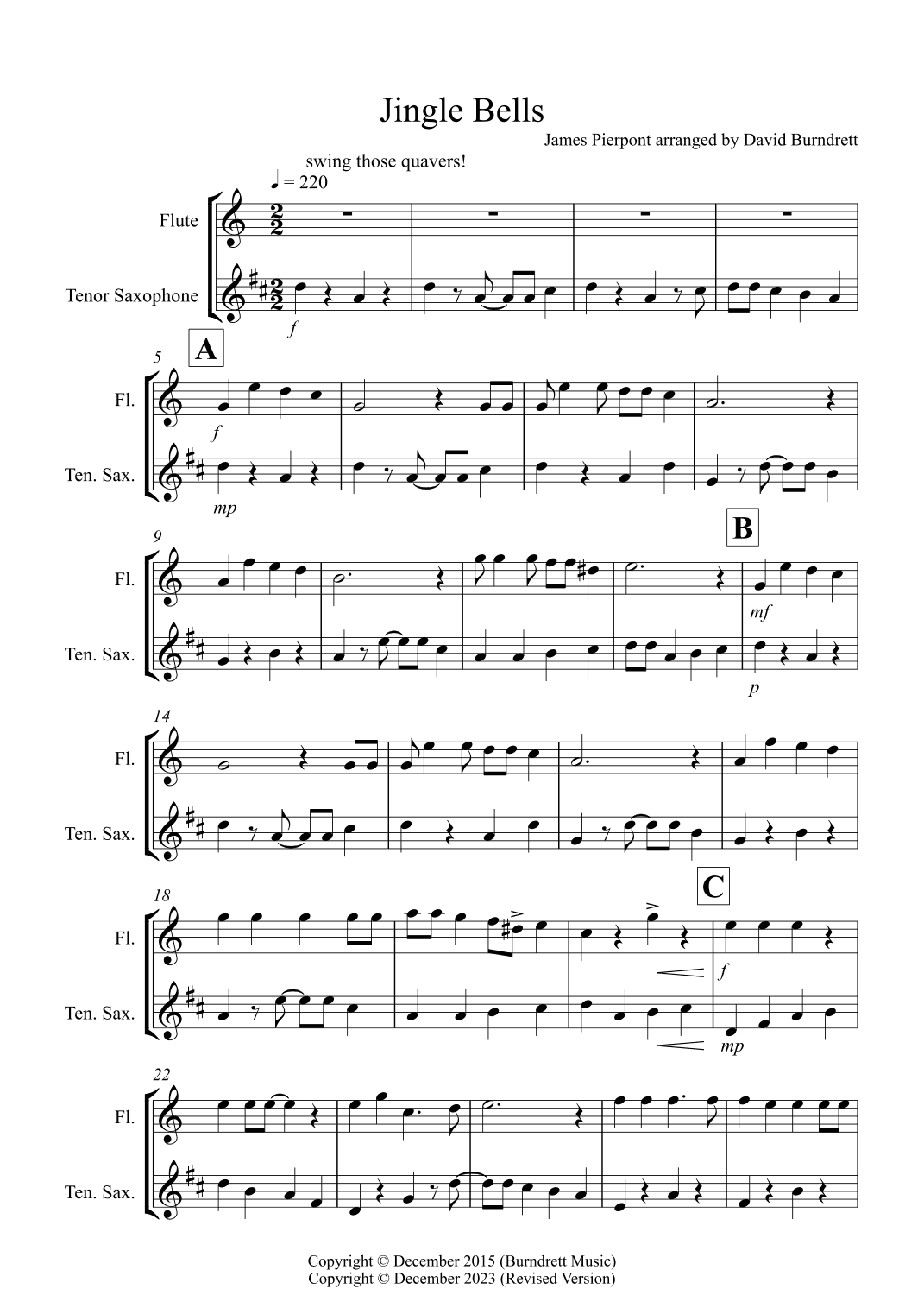 Jingle Bells (Jazzy Style!) for Flute and Tenor Saxophone Duet (arr. David Burndrett)