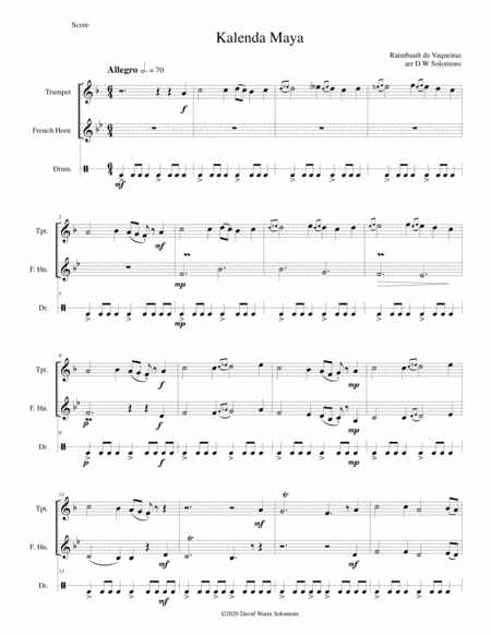 Kalenda Maya for trumpet, horn and drum (arr. David Warin Solomons)