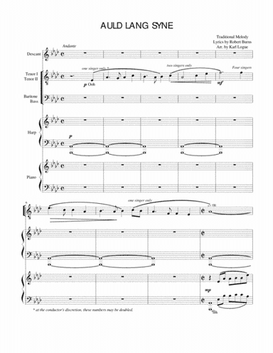 Auld Lang Syne (TTBB, PIano, Harp) (arr. Karl Logue)