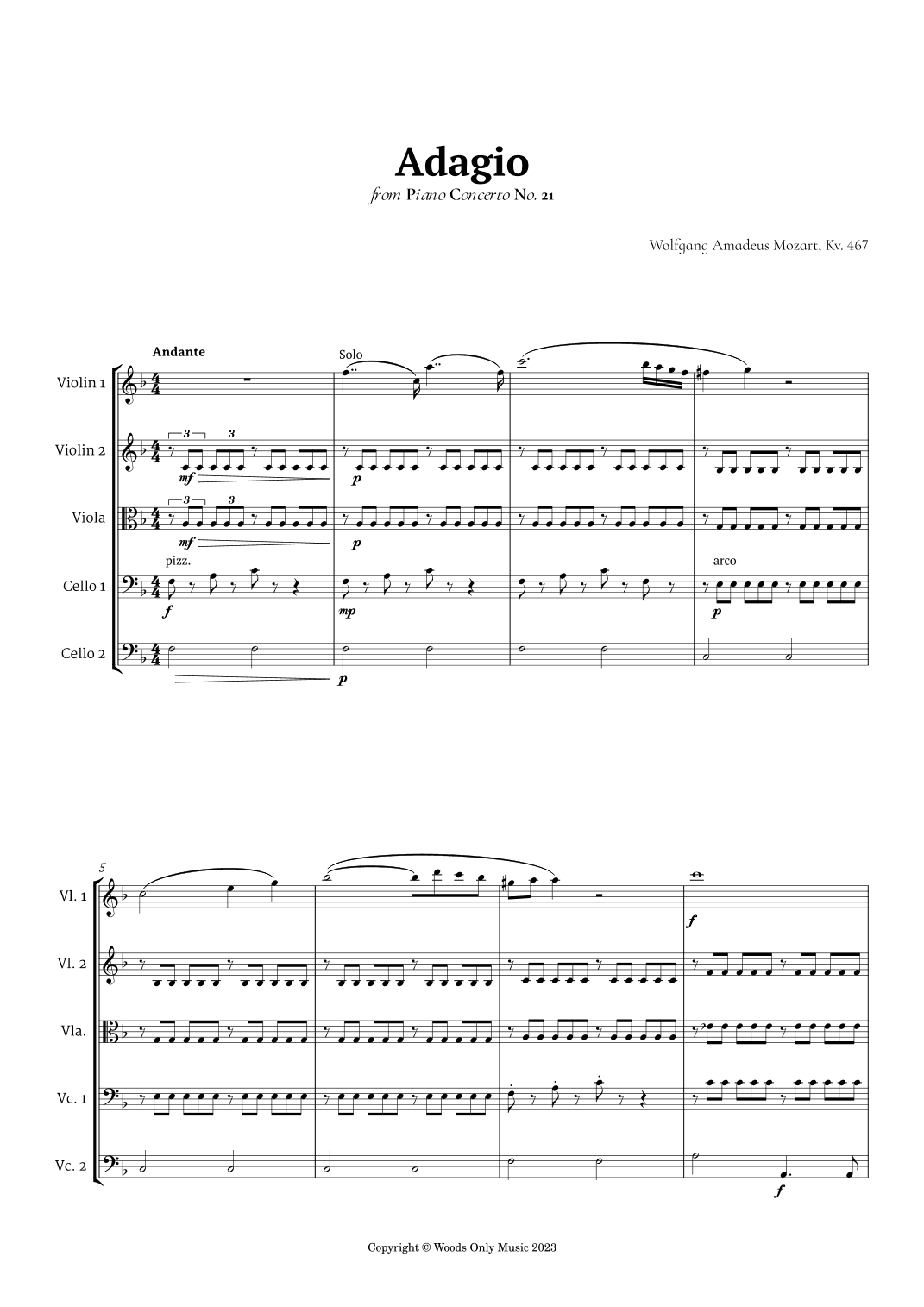 Andante from Piano Concerto No. 21 by Mozart for String Quintet (arr. Ander)