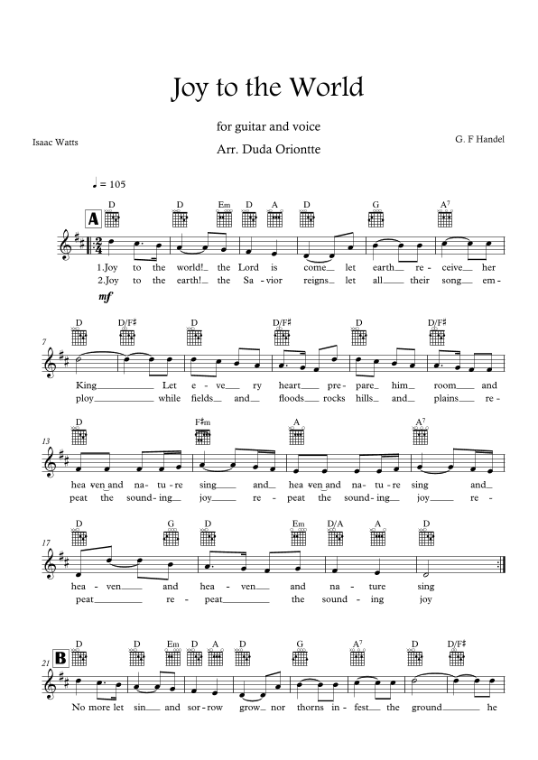 Joy to the World (D major - TABS - with lyrics) (arr. Duda Oriontte)