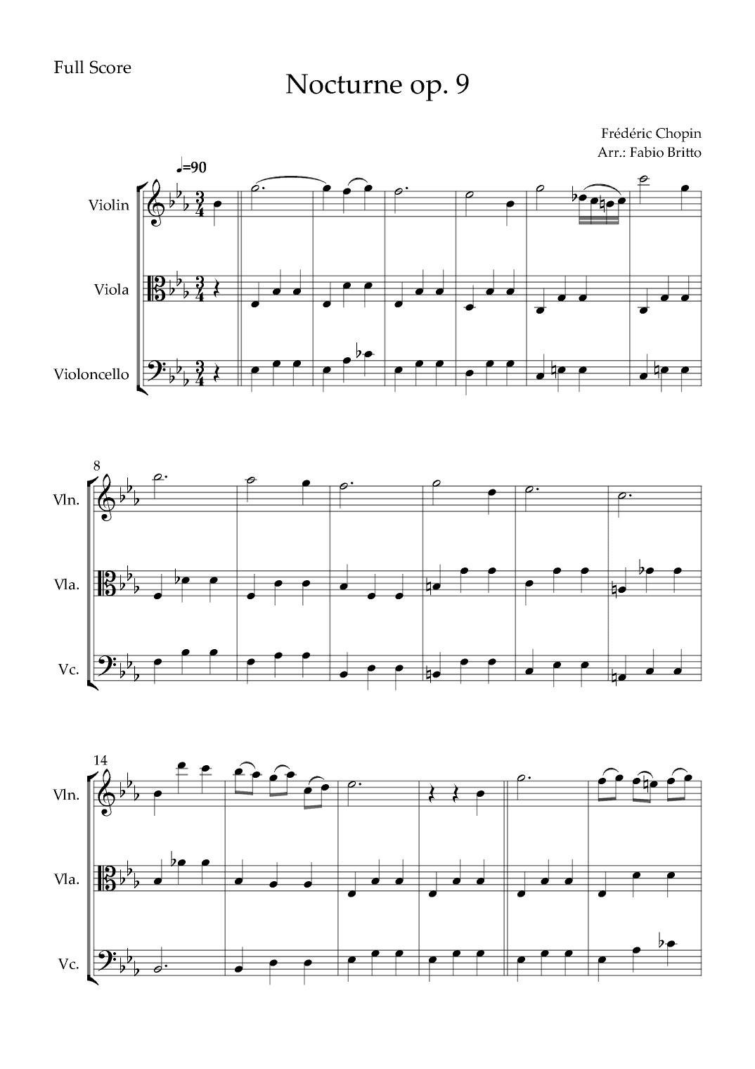 Nocturne Op.9 No. 2 (Frédéric Chopin) for String Trio (arr. Fabio Britto)