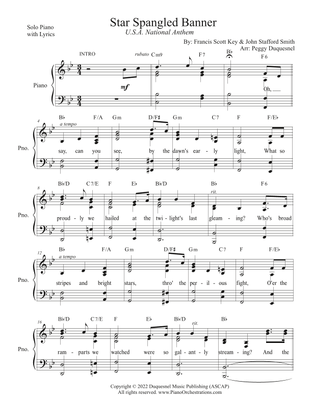 Star Spangled Banner (Key of Bb - Solo Piano w Lyrics) (arr. Peggy Duquesnel)