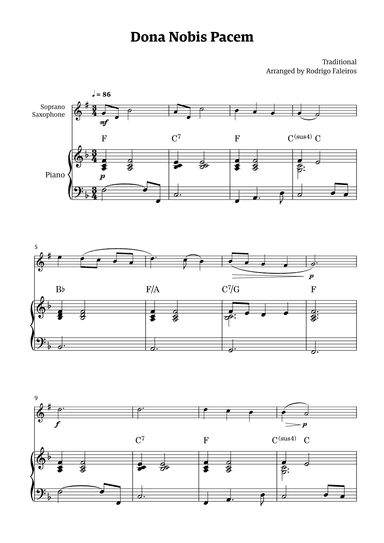 Dona Nobis Pacem - for soprano saxophone (with piano accompaniment with chords) (arr. Rodrigo Faleiros)