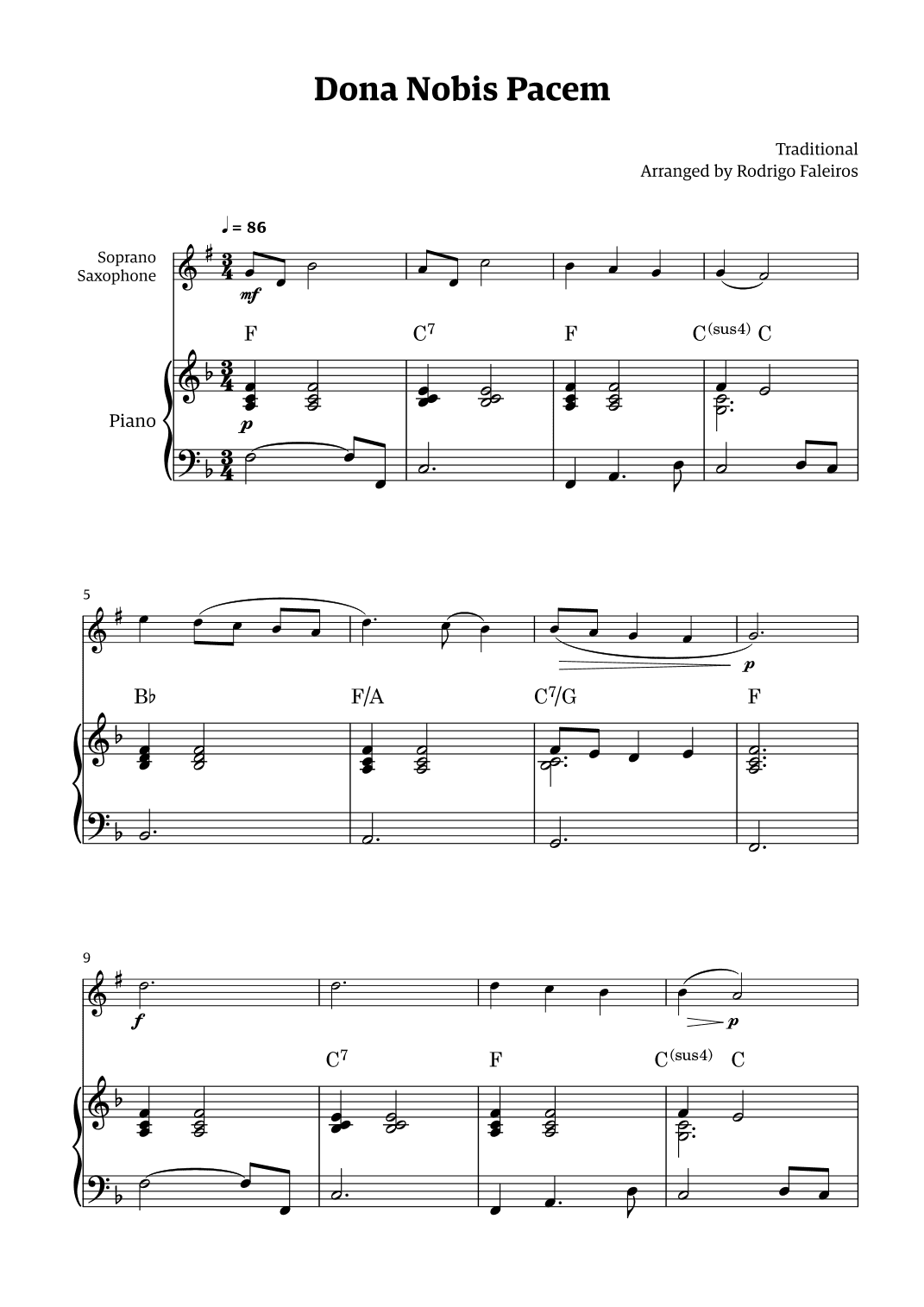 Dona Nobis Pacem - for soprano saxophone (with piano accompaniment with chords) (arr. Rodrigo Faleiros)