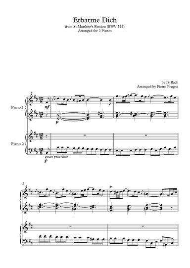 Erbarme Dich (BWV 244) (from "St Matthew's Passion") by JS Bach - Arranged for Piano Duet (2 Pianos) (arr. Pietro Prugna)
