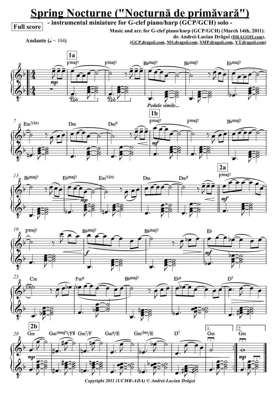 Spring Nocturne ("Nocturna de primavara") - arr. for G-clef piano/harp (GCP/GCH) (from my Piano a