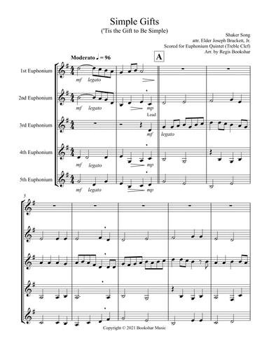 Simple Gifts ('Tis the Gift to Be Simple) (F) (Euphonium Quintet - Treble Clef) (arr. Regis Bookshar)