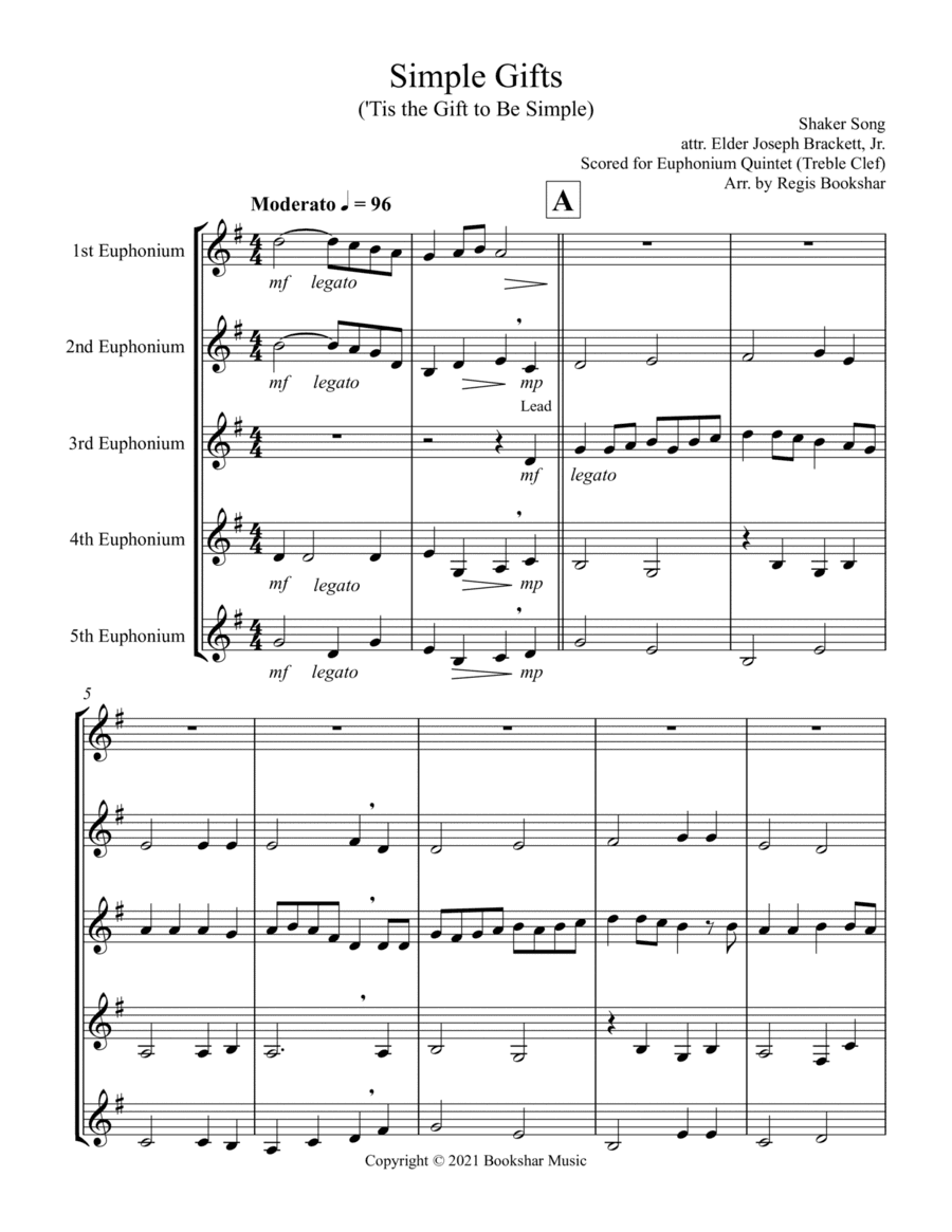 Simple Gifts ('Tis the Gift to Be Simple) (F) (Euphonium Quintet - Treble Clef) (arr. Regis Bookshar)