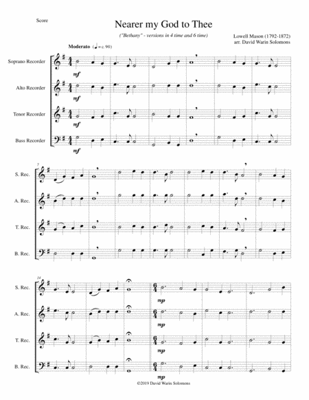 Nearer my God to Thee (Bethany) for recorder quartet (arr. David Warin Solomons)