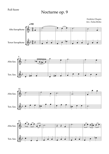 Nocturne Op.9 No. 2 (Frédéric Chopin) for Alto Saxophone & Tenor Saxophone Duo (arr. Fabio Britto)