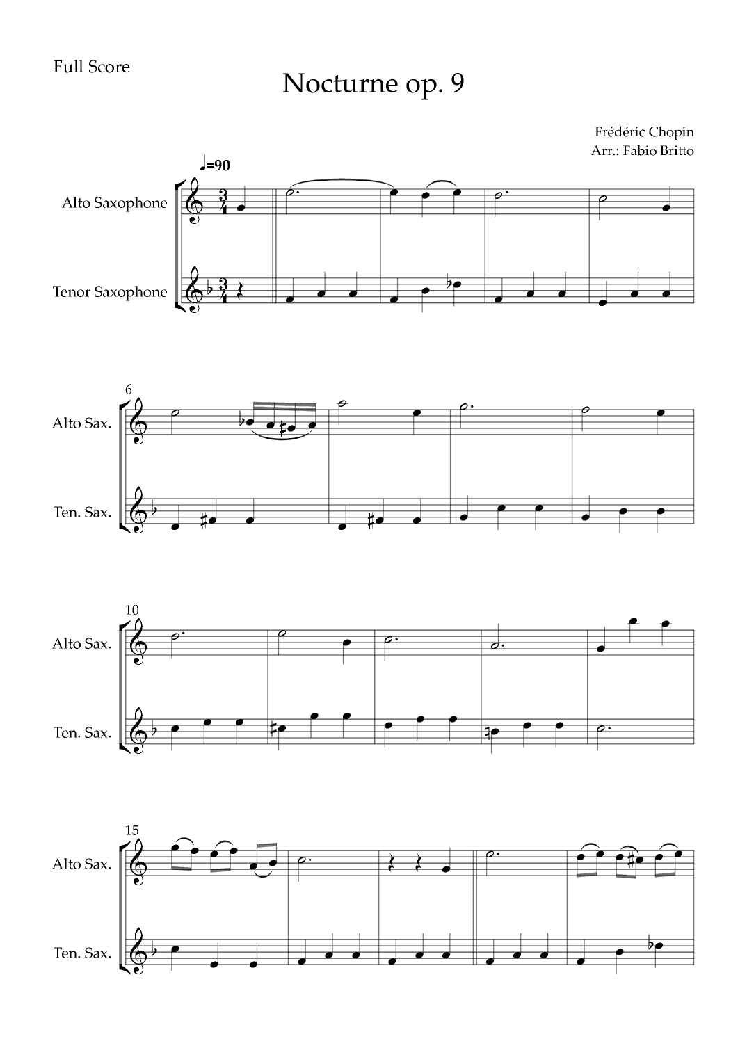 Nocturne Op.9 No. 2 (Frédéric Chopin) for Alto Saxophone & Tenor Saxophone Duo (arr. Fabio Britto)