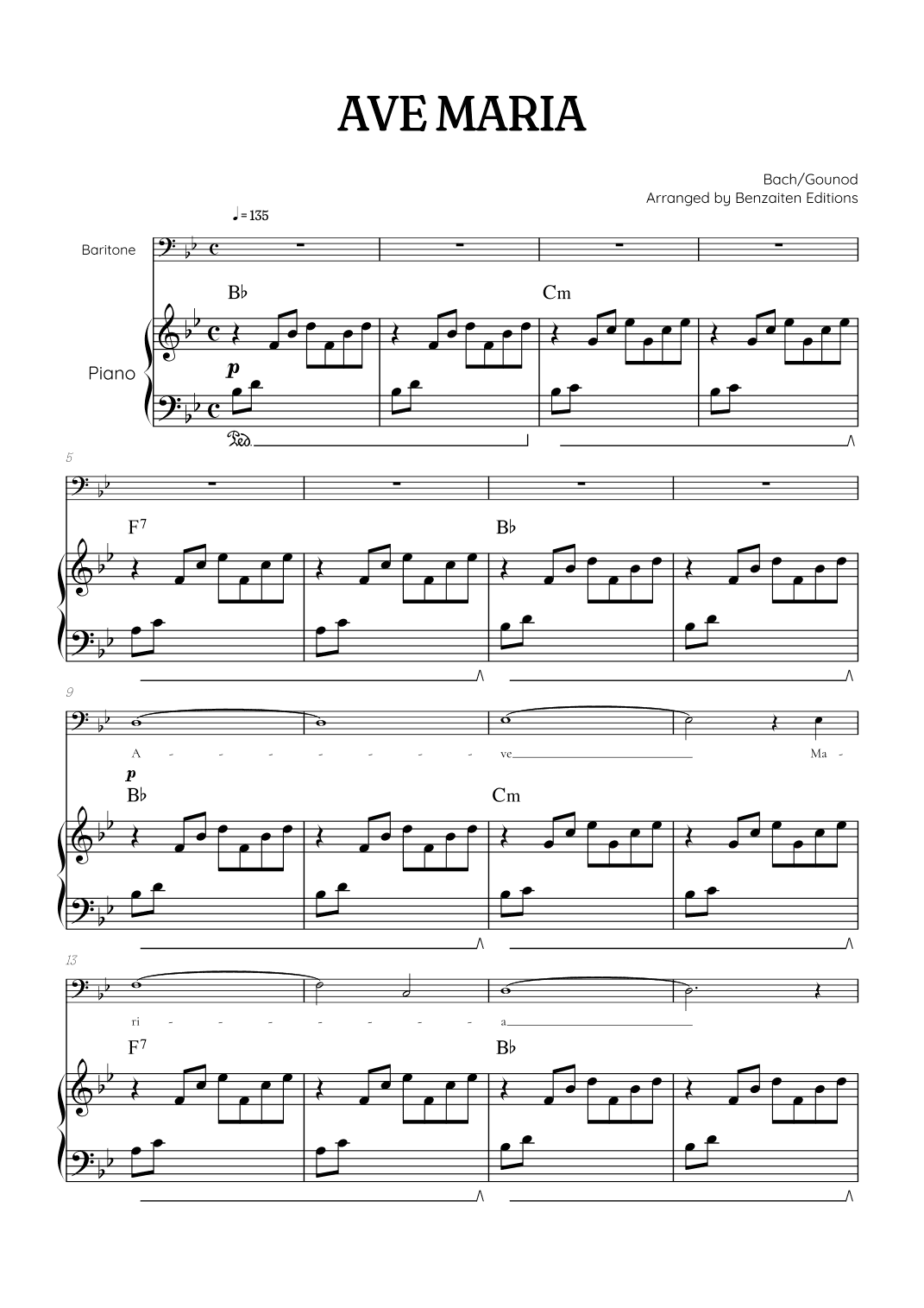 Bach / Gounod Ave Maria in B flat [Bb] • baritone sheet music with piano accompaniment and chords (arr. Benzaiten Editions)