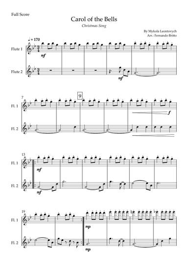 Carol of the Bells in Jazz Version (Christmas Song) for Flute Duo (arr. Fabio Britto)