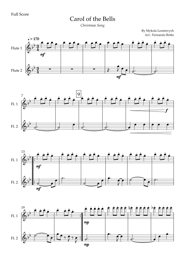Carol of the Bells in Jazz Version (Christmas Song) for Flute Duo (arr. Fabio Britto)
