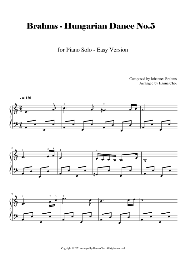 Brahms - Hungarian Dance No.5 [for Piano Solo] (arr. Hanna Choi)